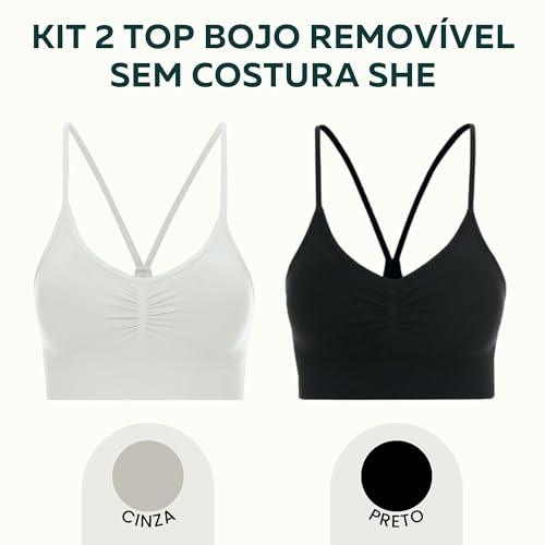 2 Top Nadador Top Feminino Academia Top com Bojo Top Sem Costura She by Mash, 1 Cinza Claro - 1 Pret