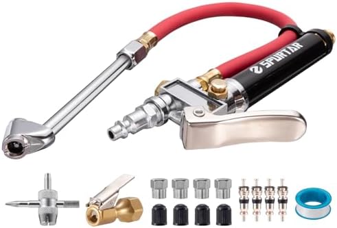 Spurtar 10-120 PSI Tire Pressure Gauge and Inflator Tire Inflator with Pressure Gauge Air Compressor Attachments with 4 Way Tool and Valve Cores for Car Truck Heavy Duty Vehicle