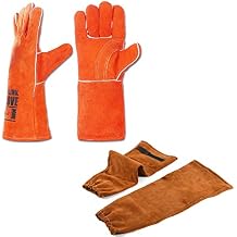 QeeLink Leather Welding gloves with Welding Sleeves Heat&Flame Resistant Arm & Gloves Protection