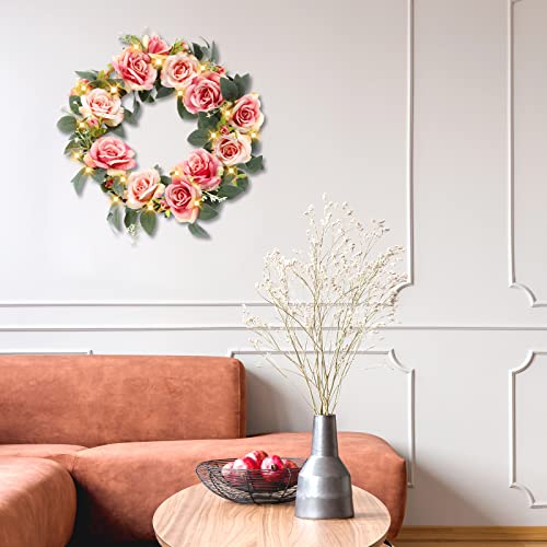 Artgar Front Door Rose Wreath, 18" Artificial Spring Wreath, Pink Wreath With 20 Led Warm White Lights For Front Door, Wedding, Wall, Window, Home Year Round Decor #TOP3