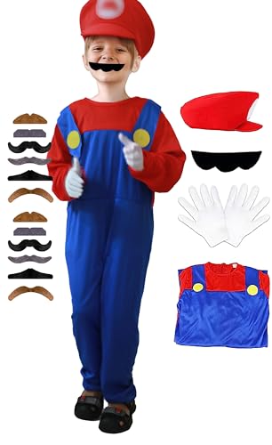 Slowwitee Super Brothers Costume For Kids Halloween Cosplay Super Bros Outfit With Beard Gloves Red Medium thumb #4