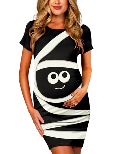 Deerose Pregnancy Dress for Women Halloween Short Sleeve Side Ruched Mummy Costume Outfit Festive Casual Mini Dresses M