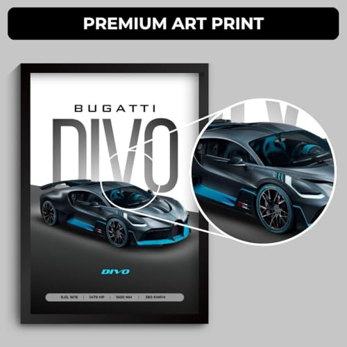 Image of Bugatti Divo Poster | Framed Bugatti A4 Sized (31 x 23 cm) | Divo Car Poster for Wall, Gift for Boys, Hypercar Frames | Dream Car Posters for Wall, Bedroom, Hostel, Study Area, Hostel (F 087)