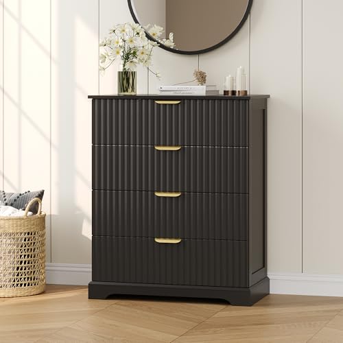 Image of Wooden 4 Drawer Dresser for Bedroom, 36.6 in Tall Fluted Dresser with Metal Handles, Modern Chest of Drawers for Bedroom, Living Room, Entryway, Black