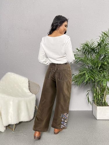 Flamingals Straight Leg Pants for Women Vintage Floral Embroidery Design Casual Pants4