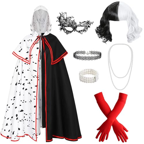 Saier tbo 8 Pièces Halloween Cruella Deguisement pour Femme, Perruque Noire et Blanche Diable Kit avec Cape Perruque Gants Masque Collier Bracelet Cigarettes...