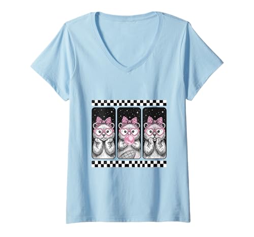 Mujer Beaver Trio Coquette Bow Bubblegum Retro Camiseta Cuello V
