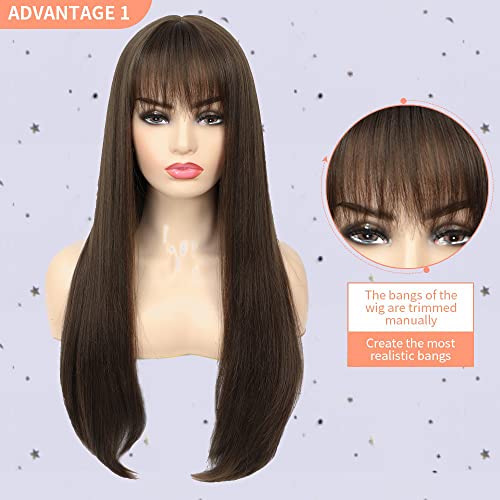 Soku Brunette Wig With Bangs Synthetic Long Straight Brown Wigs For Women 28 Inches Middle Part Natural Straight Machine Made Wig For Girls Halloween Cosplay #TOP3