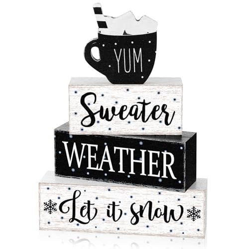Marsui 4 Pcs Winter Wooden Tabletop Decor Rustic Wooden Hot Cocoa Block Sign Gift Farmhouse Winter Tiered Tray Decor Let It Snow Table Centerpiece Winter Decor for Home Office Desk Shelf