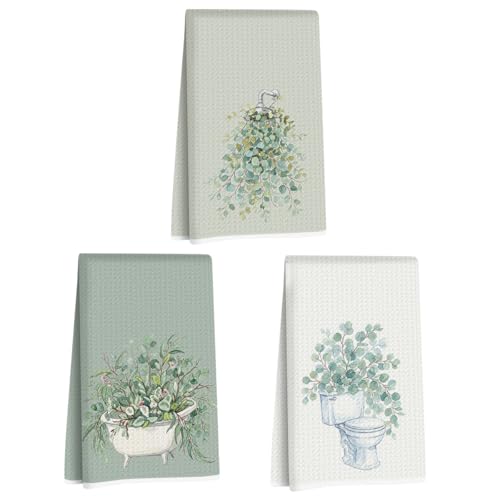 Image of 3 Pcs Eucalyptus Hand Towels 24x14 Inch, Botanical Reusable Dish Towels | Waffle Weave Hand Cloth Tea Towel for Kitchen Farmhouse Decor, Green Leaves Gifts for Women Friend
