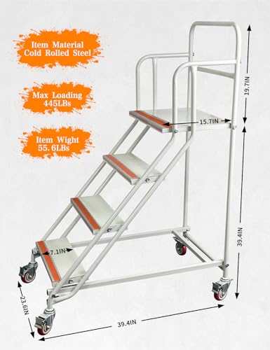 Image of 4 Steps Ladder with Wheels, Industrial & Warehouse Step Ladder, Rolling Steps Ladder with Vinyl Stair Edge Protector, 23.6IN Wide, 39.4IN top Step Height, 445LBs Capacity.