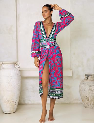 FLAXMAKER Women One Piece Long Sleeve Peacock Totem Print Deep V Neck Belt Two Piece Set Bathing Suit and Sarong4