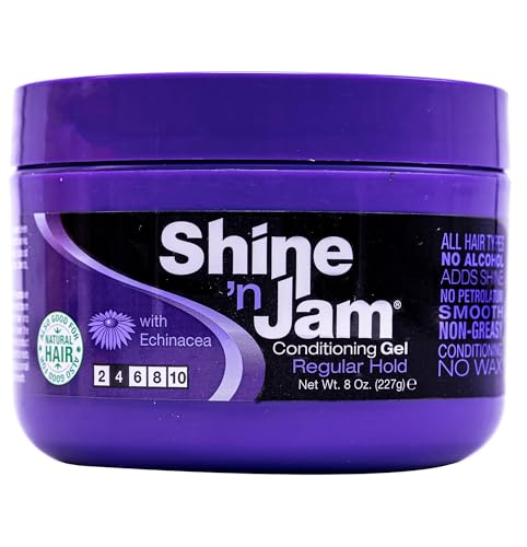 Ampro Shine-n-Jam Regular - Infused with Echinacea to Encourage Hair Growth - Great for Taming Fringe, Ponytails, Soft Weaves, and Braids - Keeps Tresses Firm with Non-Greasy Shine - 8 Oz