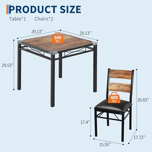 GarveeHome Dining Table Set for 2, Dining Table with 2 Upholstered Chairs, Wood 3-Piece Kitchen Dining Room Table Set with Corner Protector for Small Space, Kitchen, Apartment, Rustic Brown