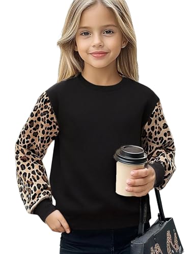 Seechoslo NEW 6-14Y Girls Leopard Print Sweatshirt Long Sleeve Crewneck Pullover Cozy Fall Top (US, Age, 10 Years, Black)