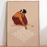 Indian Woman In Saree Creating Rangoli Art Muggu Kolam Wall Desi South Asian Tamil Brown Girl Alpana