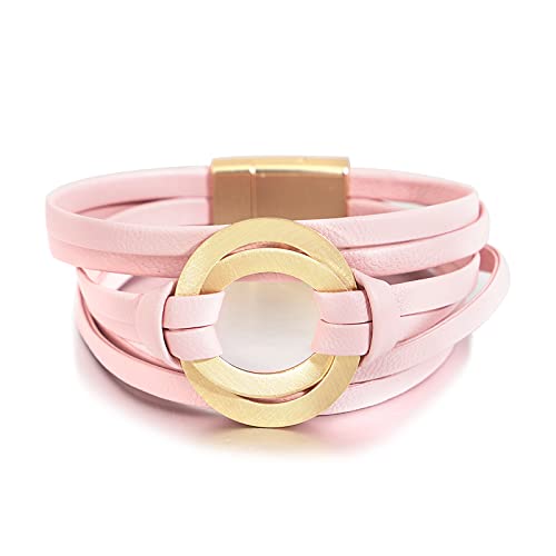 Circle Charm Bracelets For Women Handmade Pink Leather Wrap Bracelets For Women Teen Girls Bohemian Couples Friendship Bracelet Cuff Bangle Boho Jewelry Gift For Sisters, Wife And Mother #TOP29