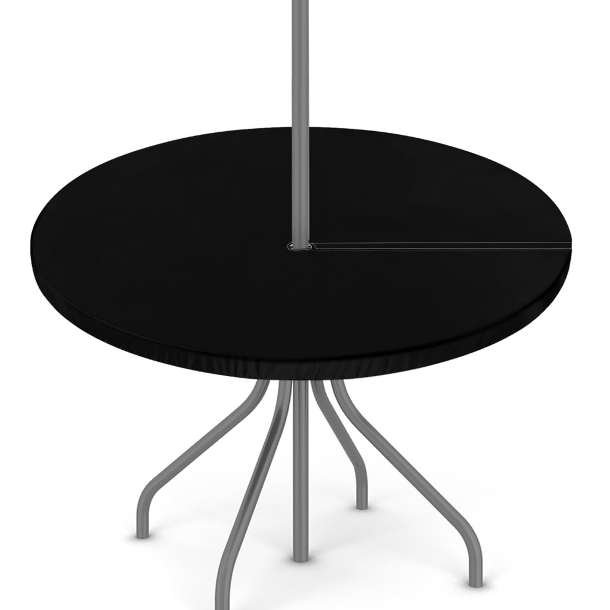 Mexpekil Outdoor Table Cloth with Umbrella Hole Zipper, Black Round Table Cover Elastic Edge Waterproof Fitted Tablecloth for Patio Picnic Outside
