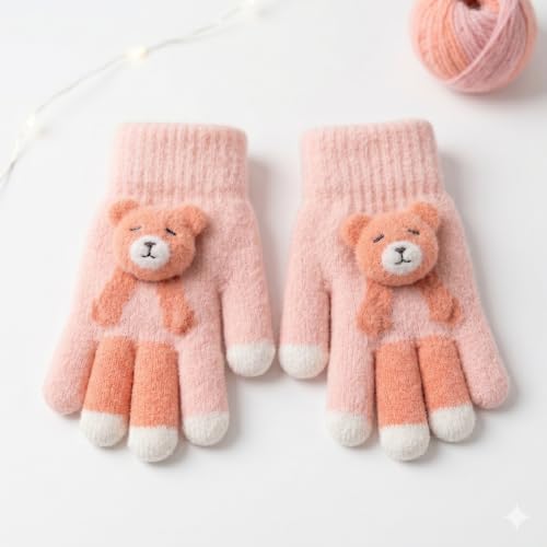 Image of Kids Winter Woolen Hand Gloves for Girls (Age 8-12 Years) | Soft Warm Knitted Gloves | Cute Teddy Bear Design | Cold Weather Gloves