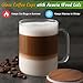 DRASTAR Glass Coffee Cups, 20 oz Large Coffee Mugs, Flat Bottomed Cups with Acacia Wood Lid, Glass Tea Cup with Handle, ClearTea Cup Set of 2