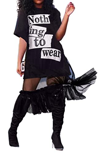 Womens Sexy 2 Pieces Letter Printed Dress Shirts Mesh Ruffles Cover Up Dress Bodycon Party Clubwear Dress Outfits Set2