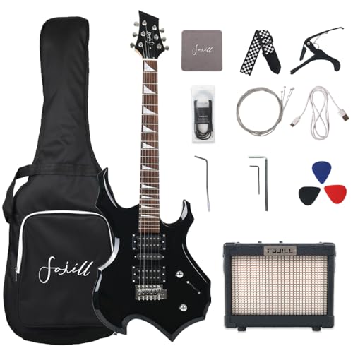 Fojill Heavy Metal Cool Shape Electric Guitar Kit Set Beginner Starter Combo Package Bundle 10W Battery Power Bluetooth Amplifier Amp,Accessory 600D gig Bag,Picks, Cable, Strap, Extra Strings