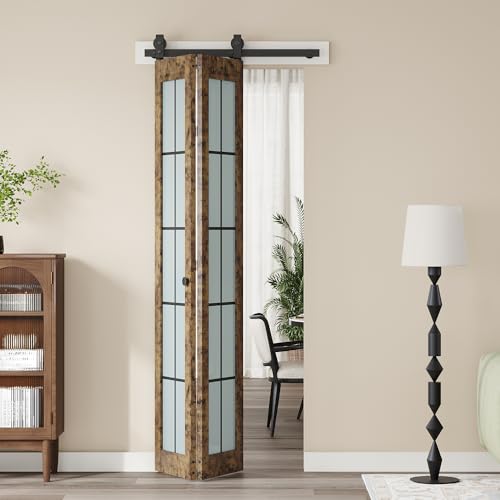 CEAKIAN Preassembled Bifold Barn Door 30 x 84 in Double 15 x 84 in Solid Wood & Grid Glass Panels Bi-Fold Barn Door with Hardware Kit Vintage Industrial Interior Door Fit 30in Opening