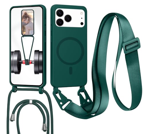 GoodcAcy Crossbody Lanyard Case for iPhone 17 Pro Max, [Compatible with MagSafe] Magnetic Case with Strap Adjustable and Removable Neck, Anti-Fingerprint Cover, Green