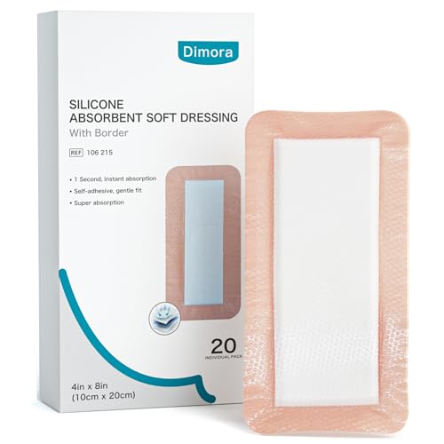 Dimora 20 Count Silicone Super Absorbent Wound Dressing - 4" x 8" Soft Gauze Pads for Bed Sores Leg Ulcers Post Surgical Incisions, Adhesive Wound Bandage with Gentle Border