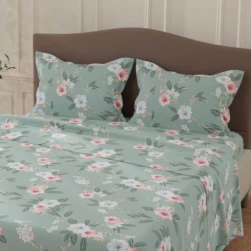 Image of Layers 100% Cotton Bedsheet for Double Size Bed | Lumina Floret Collection | 144 TC Soft & Breathable | Printed with 2 Pillow Covers | Wrinkle Free & Colorfast | 3 Piece Bedding Set - Grey & Pink