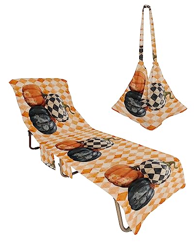 Pumpkins Flower, Beach Lounge Chair Towel Cover, Soft Chaise Lounge Towel with Side Pockets Patio Pool Chairs Cover for Beach/Pool Sunbathing 29x85 Vintage Orange Fall Black White Lattice