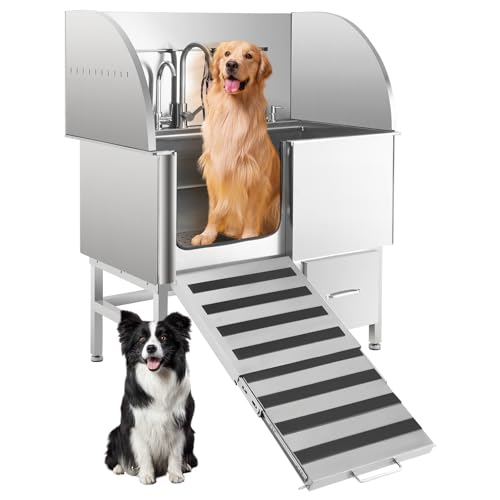 50” Dog Grooming Tub, Stainless Steel Dog Washing Station with Foldable Ramp, Large Drawers, Rich Accessory, Professional Grooming Tub for Large, Medium, Small Pets, Left Door