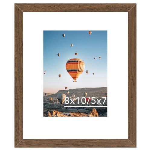 Image of 8x10 Picture Frame Brown with 5x7 Mat for Wall Hanging or Tabletop, Display Photo 5x7 with Mat or 8x10 without Mat, 8 by 10 Wall Gallery Poster Photo Frame with Shatter Resistant Plexiglass, Brown