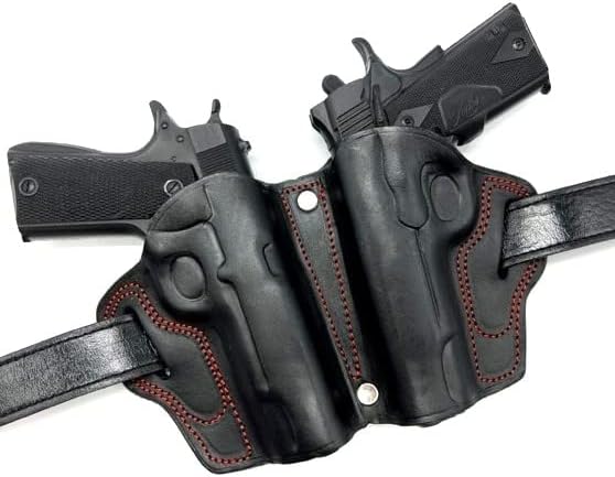 for 5" 1911 and More, Dual 2-Gun Small-of-The-Back (SOB) Belt Holster, Black Leather with Red Stitching, Special Sports Edition