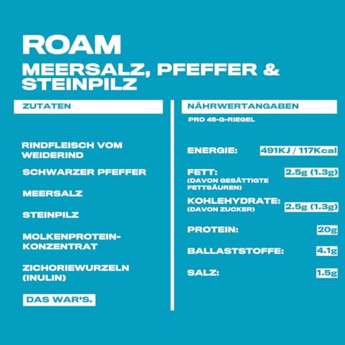 Roam Natürliche Protein Riegel, 6x45 Gramm FleischSnacks, ideal für die Carnivore-Diät, glutenfreie Trockenfleisch (6 x 45g Bars, Meersalz, schwarzem Pfeffer und Steinpilzen)