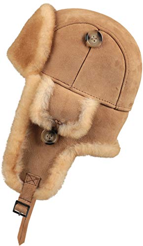 Zavelio Trapper Trooper Leather Aviator Genuine Shearling Sheepskin Hat Tan XL