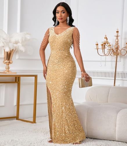 Cololura Women Sexy Elegant Sequin V Neck Tassel Mermaid Bodycon Formal Party Gowns Evening Maxi Dress4