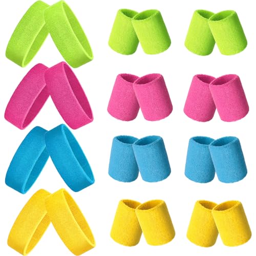 24 Pieces 80s Neon Sweatbands Set, Include 8 Sports Headbands and 16 Sweat Wristbands Elastic Athletic Sweat Bands Bulk for Man Woman 80s Party (Rose Red, Sky Blue, Fluorescent Yellow, Yellow)
