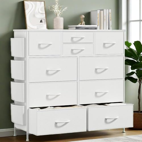 Lulive White Dresser for Bedroom with 10 Drawers, Chest of Drawers with Side Pockets and Hooks, PU...