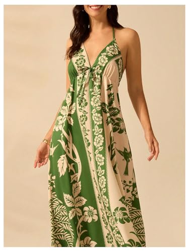 Image of SOLY HUX Women's Boho Floral Print Maxi Dress Halter Backless Flowy Long Vacation Beach Summer Dresses