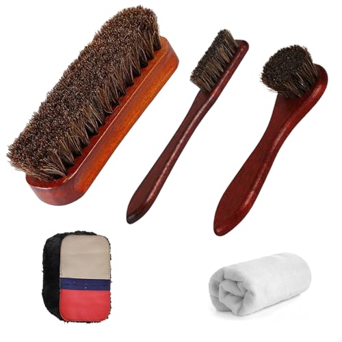 Fidqiog - Fidqiog 5 Pcs Horsehair Shoe Brush, Shoe Cleaning Kit Includes 3 Pcs Horse Hair Brushes, Shoes Shining Glove and White Cleaning Cloth, Horse Hair Brush for Leather Bag Boot, Apply Shoes Cleaner Polish