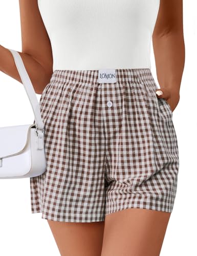 Image of LOMON Boxer Shorts for Women Summer Gingham Pajamas 2026 Lounge Sleep Pj Plaid Shorts Y2K Beach Bottoms with Pockets