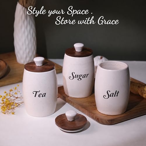 Image of Ceramic Tea Sugar Salt Containers Set of 3 with Wooden Lids | Jar and Container for Kitchen Storage Set | Multi Utility Air Tight Kitchen Organizer Items (Hand-Painted, 400 ML)
