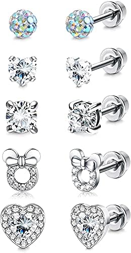 LOLIAS 5 Pairs Stainless Steel Cubic Zirconia Cartilage Earrings Set for Women Girls Stud Earrings CZ Ball Earrings Heart-Shaped Cute Earrings