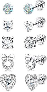 LOLIAS 5 Pairs Stainless Steel Cubic Zirconia Cartilage Earrings Set for Women Girls Stud Earrings CZ Ball Earrings Heart-Shaped Cute Earrings