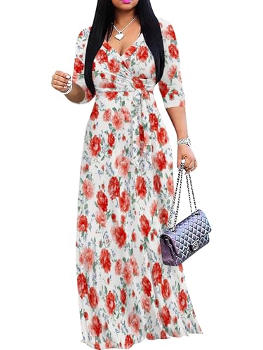 Image of Women's V Neck Floral Maxi Dress 3 /4 Sleeve Plus Size Boho Wrap Flowy Long Dresses with Belt
