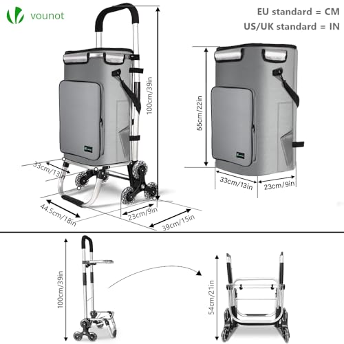 VOUNOT® Aluminium Einkaufstrolley Treppensteiger, 3 in 1 Trolly Einkaufswagen Klappbar, Hackenporsche mit Kühlfach und Haken, 6 Rädern & großer Kapazität, Wasserdicht, Grau – Bild 7