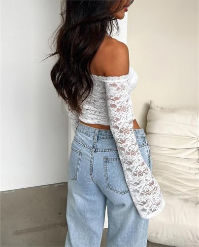 LOFAAC Women Off Shoulder Floral Lace Going Out Crop Tops Sexy Slim Long Sleeve See Through Backless Crop Blouse Shirts4