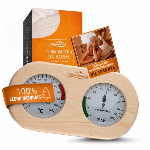 ALPENHAUCH Termometro da sauna igrometro in legno [funzione 2 in 1] – Termometro da sauna particolarmente preciso con vetro temperato – Calibrazione automatica – Elegante accessorio per sauna –