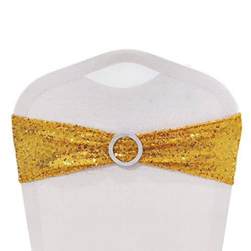 Shirnnie 25 Pcs Sequin Spandex Chair Sashes Gold Stretch Chair Sashes for Wedding Hotel Party Banquet Chairs Decorations Shiny